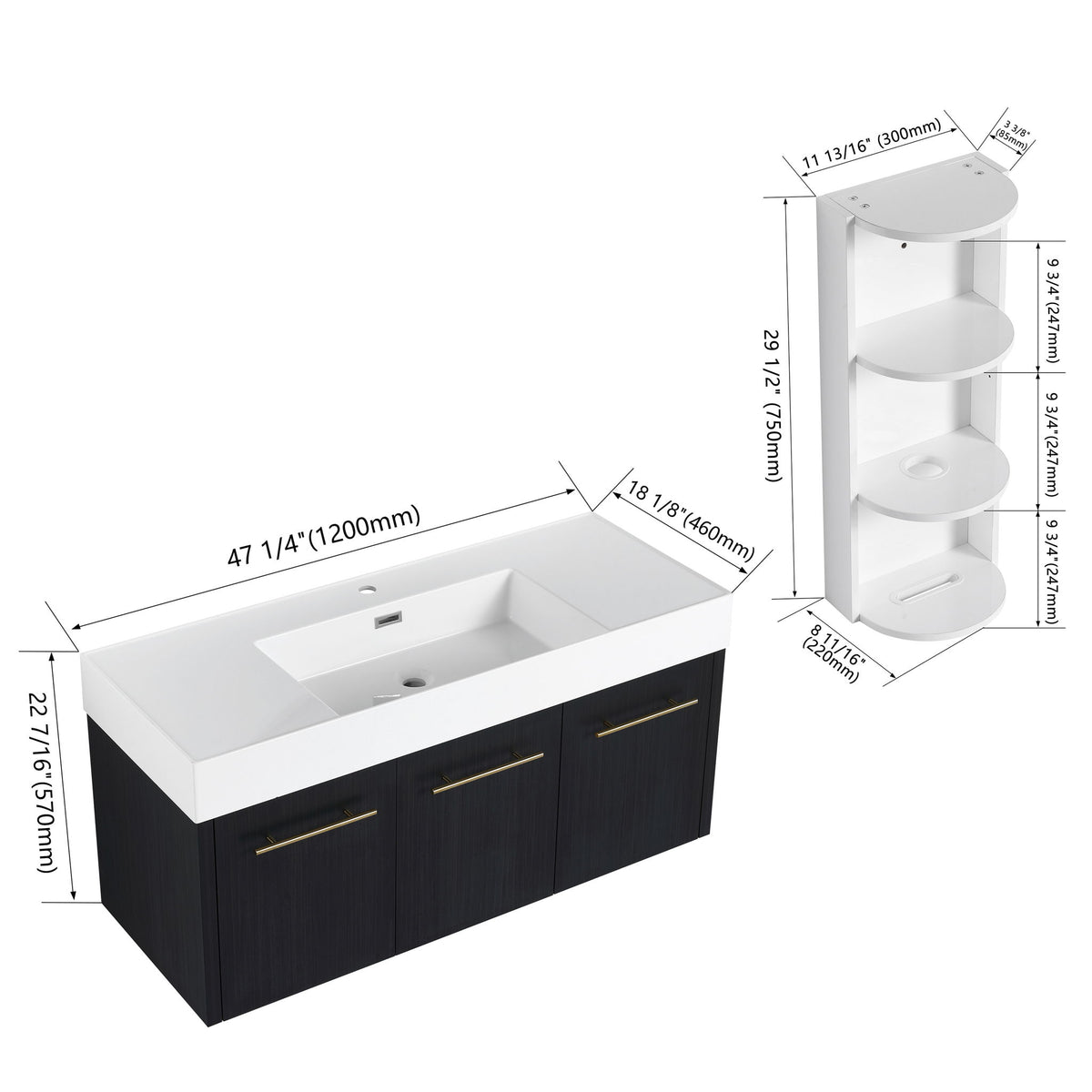 Modern Wall Mounted Bathroom Vanity With Thick Edge Resin Sink And Storage Rack