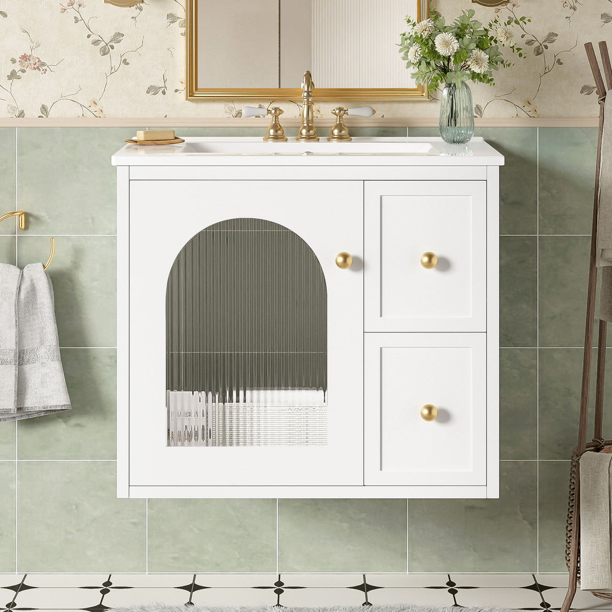 Wall-Mounted Bathroom Vanity Set With Sink, 2 Drawers And Soft-Close Door