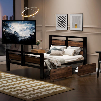 Twin Size Platform Bed With Headboard And Footboard, 2 Storage Drawers And Rotatable TV Stand - Black