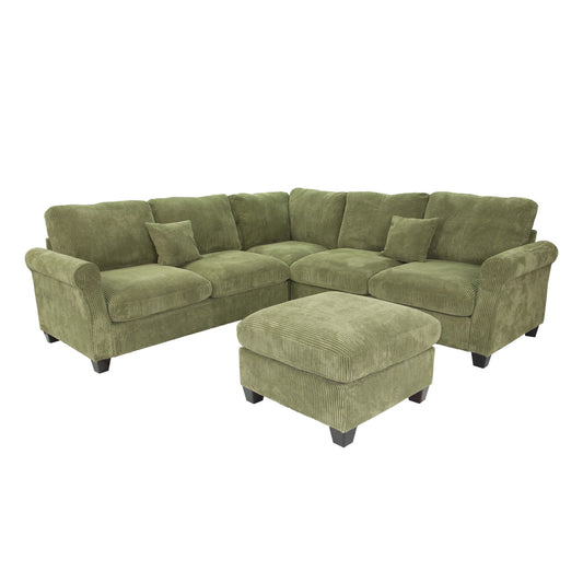 L - Sectional Sofa Set With Corner Wedge And Ottoman, 4 Piece Living Room Furniture - Sage