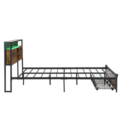 Modern Metal Platform Bed Frame With Wooden Headboard, USB Charging Station, Storage Drawers
