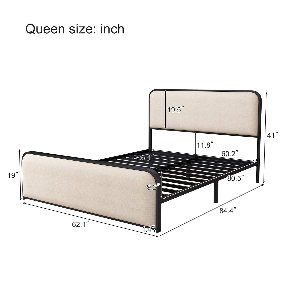 Modern Bed With Curved Upholstered Headboard And Footboard, Heavy Duty Metal Slats