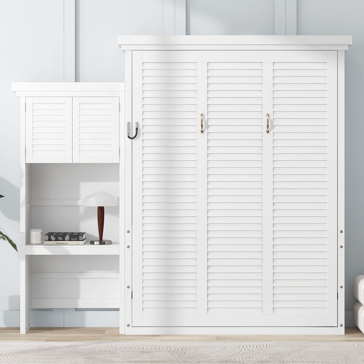 Queen Size Murphy Bed With Louvered Design And Multiple Storage Shelves - White