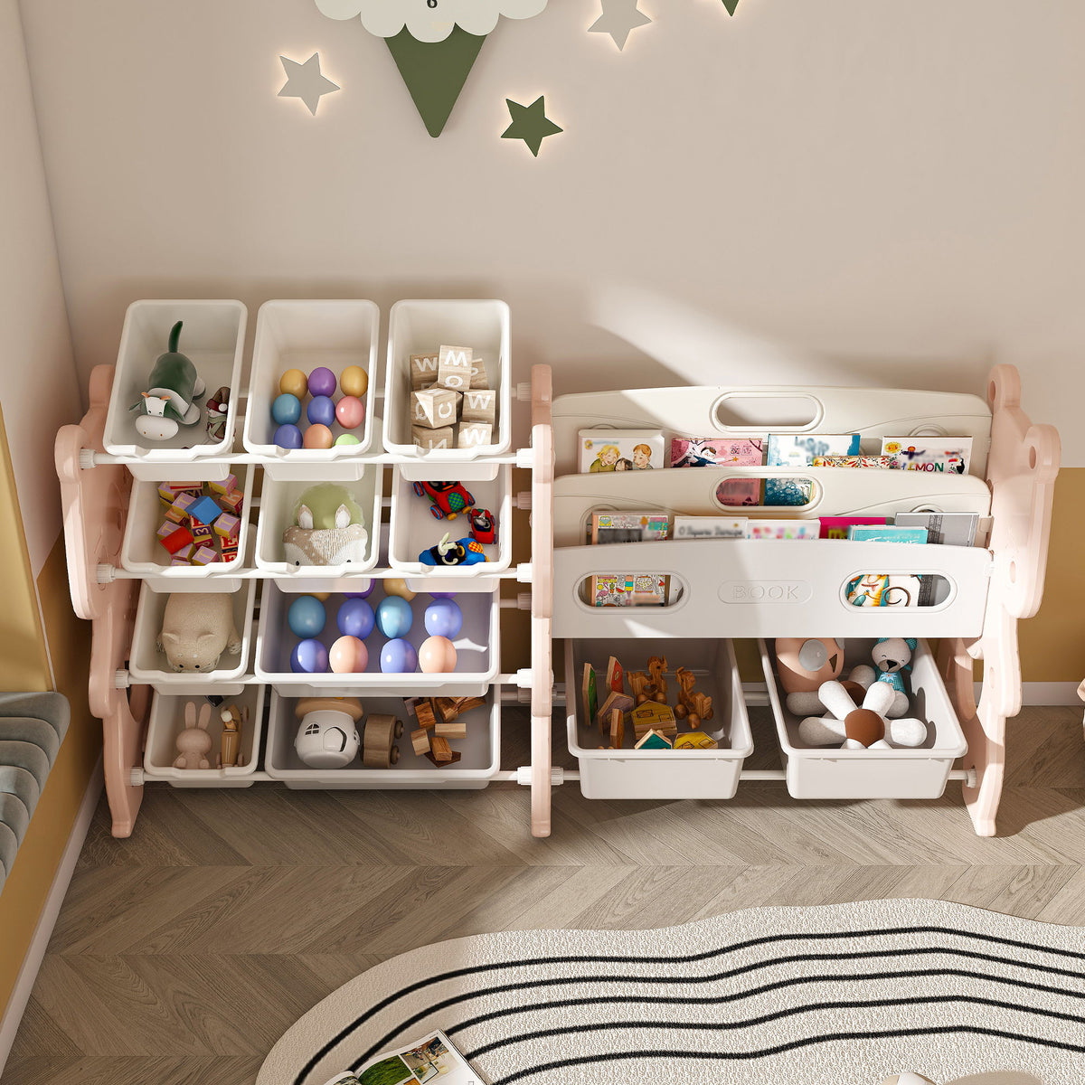 Kids Toy Storage Organizer With 2 Tier Bookshelf, Toy Storage With 12 Bins