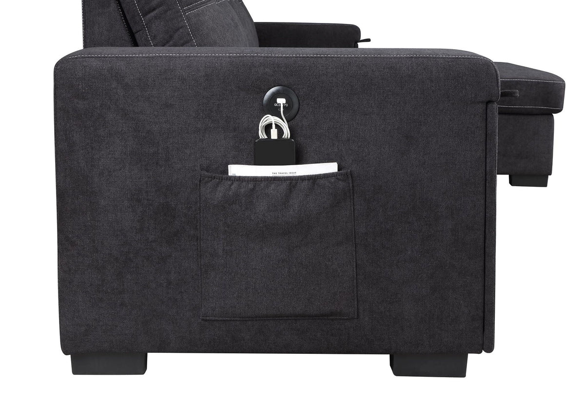 Toby - Woven Fabric Reversible Sleeper Sectional Sofa With Storage Chaise Cup Holder Charging Ports And Pockets