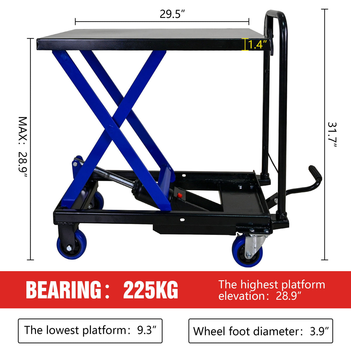 Hydraulic Lift Trolley, 500 Lbs Capacity, With 4 Wheels, For Material Handling And Transportation - Black / Blue