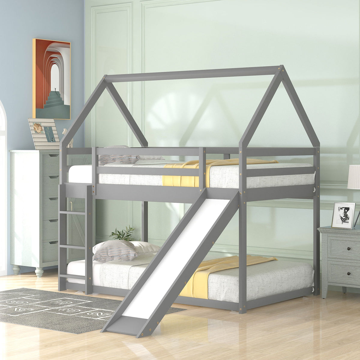 House Shape Bunk Bed With Slide And Ladder
