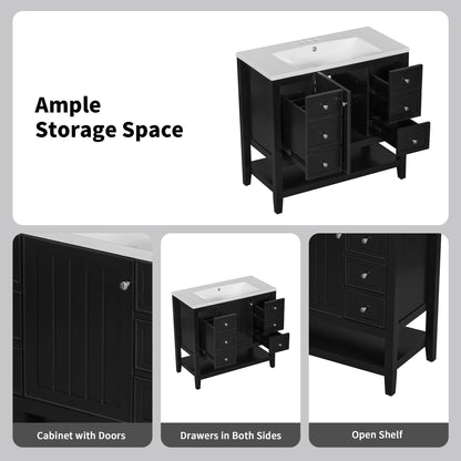 36" Bathroom Vanity Base With 2 Cabinet And 3 Drawers - Black