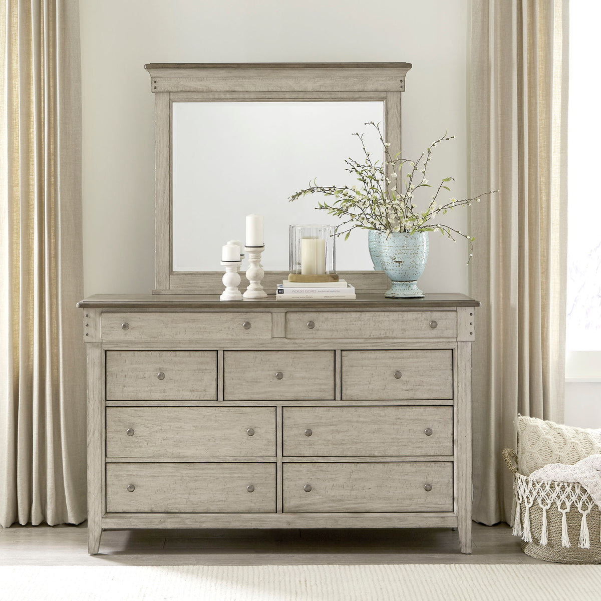 Ivy Hollow - Dresser & Mirror - Weathered Linen / Dusty Taupe