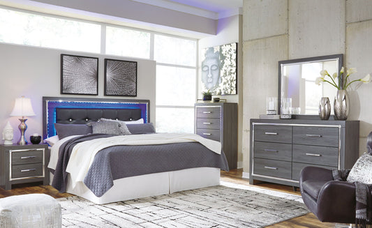 Lodanna - 4 Pc. - Dresser, Mirror, King Upholstered Panel Headboard with Bolt on Bed Frame, Nightstand - Gray