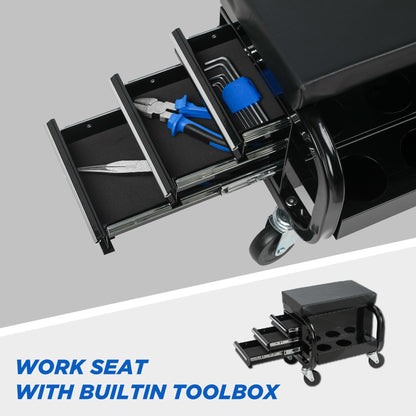 Rolling Creeper Garage Seat With 3 Built In Drawers, Rolling Tool Chest For Shop Or Garage - Black