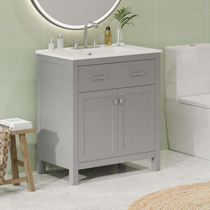 Bathroom Vanity With Ceramic Sink, Modern Single Bathroom Cabinet With 2 Doors And A Shelf, Soft Close Doors