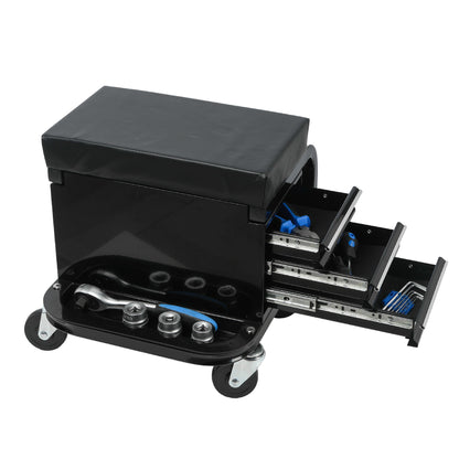 Rolling Creeper Garage Seat With 3 Built In Drawers, Rolling Tool Chest For Shop Or Garage - Black