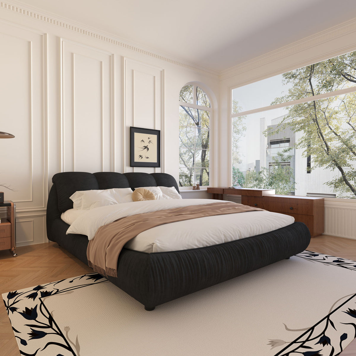 Luxury Upholstered Platform Bed With Oversized Padded Backrest And Solid Wood Frame