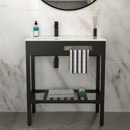 Console Sink With Legs, 32" X 18.5", Durable Porcela With Support - White / Black
