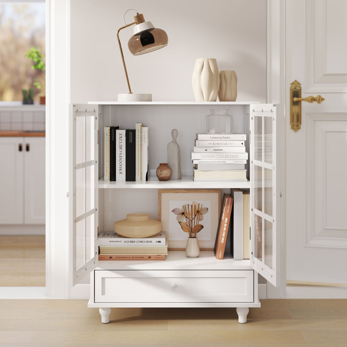 Minimalist Buffet Cabinet With Double Glass Doors And Drawer