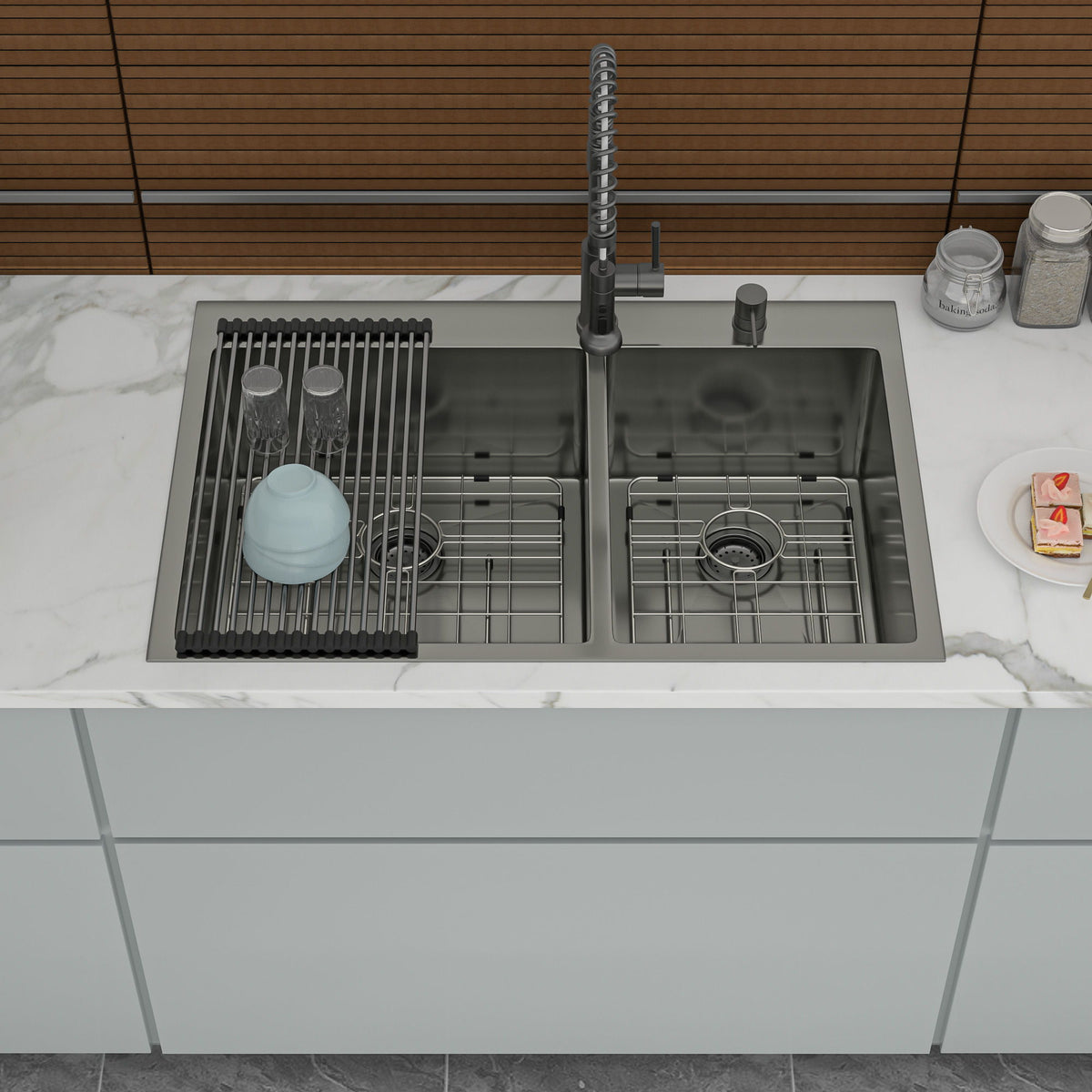 Double Bowl Kitchen Sink 16 Gauge 33" X 22" With 2 10" Deep Basins - Gunmetal Black