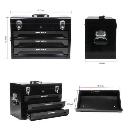 Portable 3 Drawer Steel Toolbox, 4 Layers Of Tools With Metal Latches, With Storage Tray And Carrying Handle