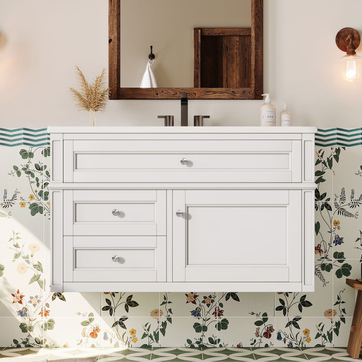 Modern Wall Mounted Floating Cabinet With Double Drawer And Sink