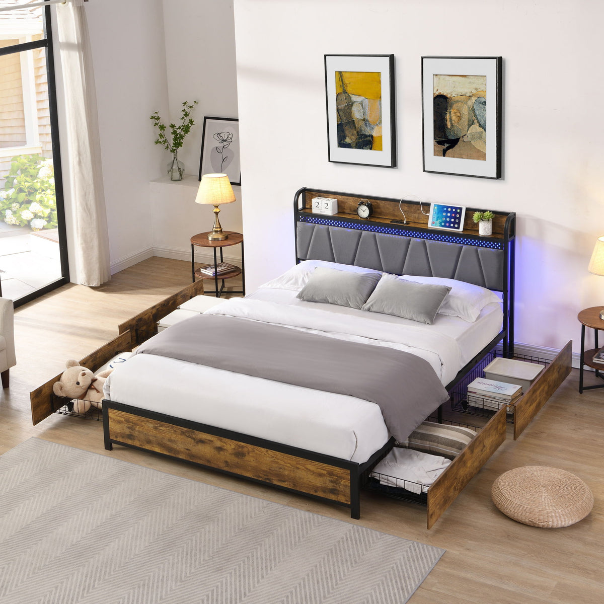 Contemporary Bed Frame With Storage Headboard, Charging Station, LED Lights