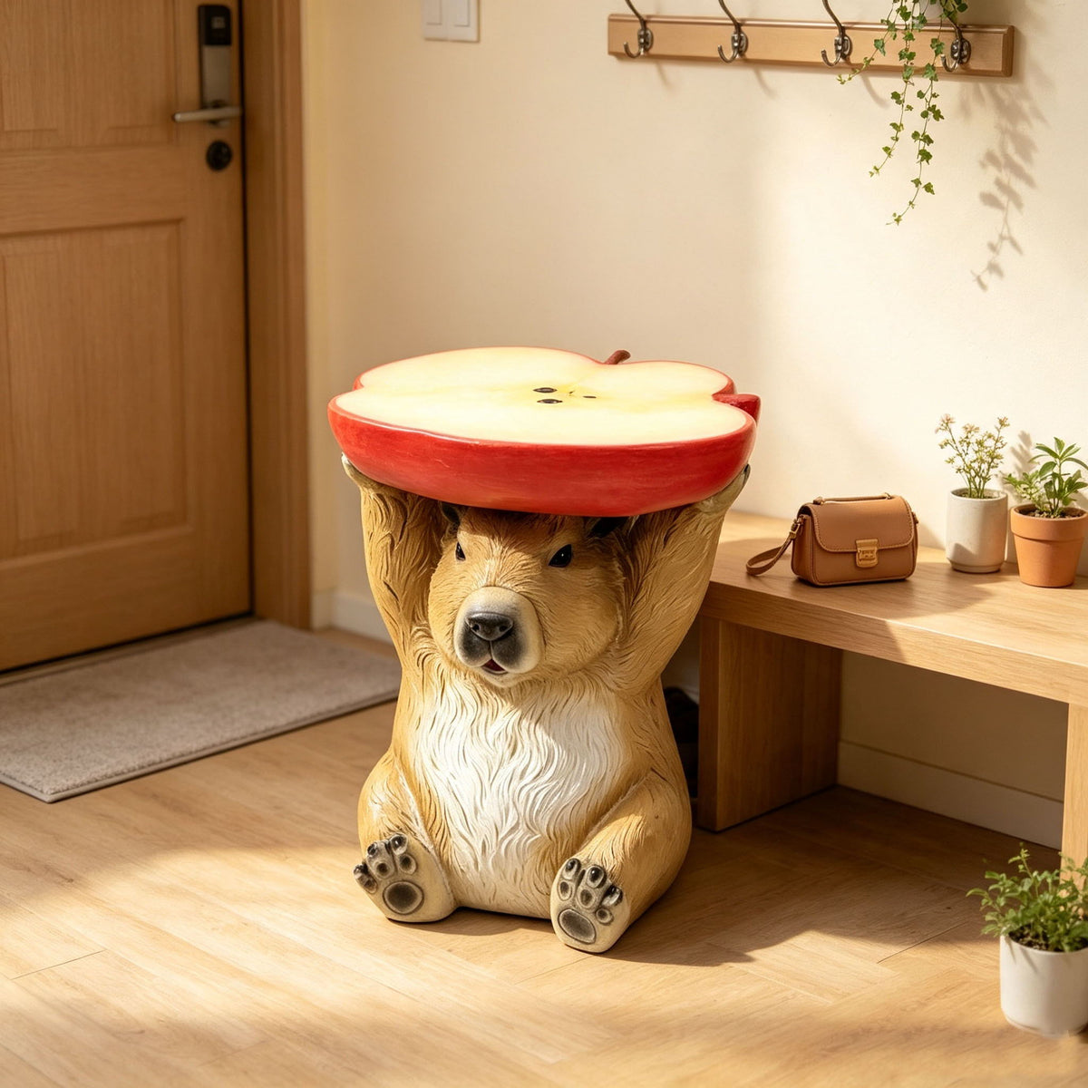 Capybara Shaped Apple Slice Stool, Animal Figurine Decor, Indoor Outdoor Seat - Brown / Tan