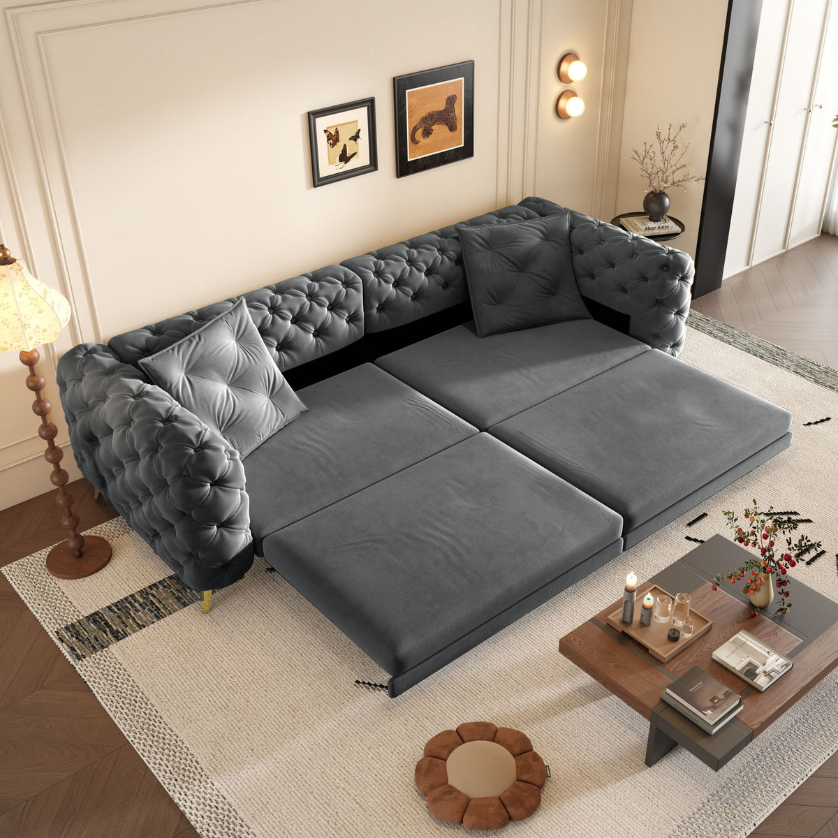 3 In 1 Convertible Sleeper, Deep Seat Pull Out Sofa Bed, Button Tufted