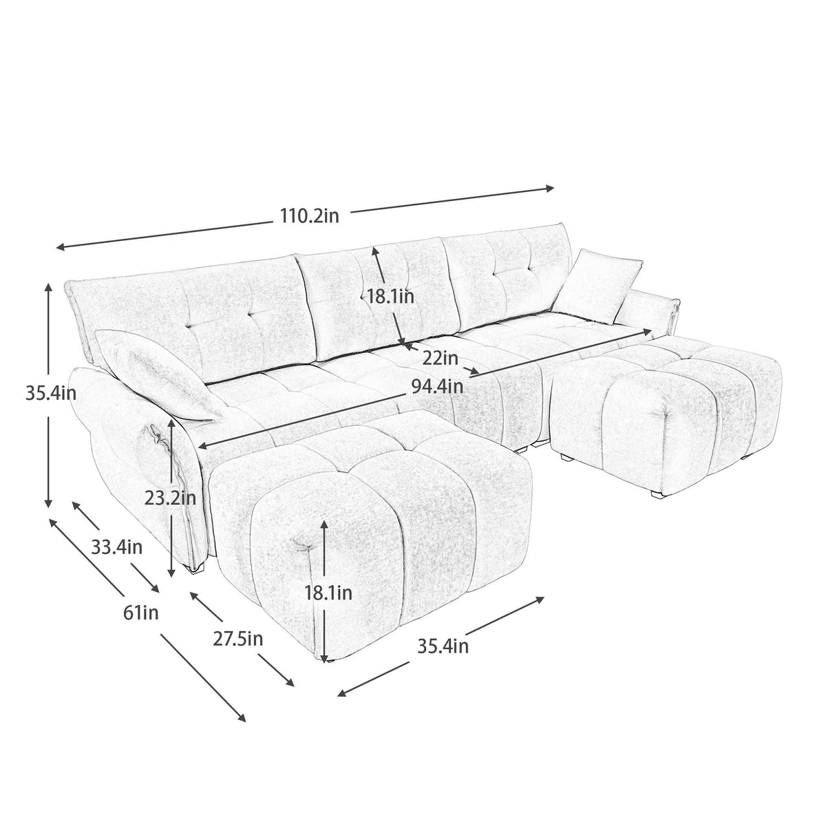 Sofa Set With Ottoman And Pillows, Textured, High Resilience Cushions