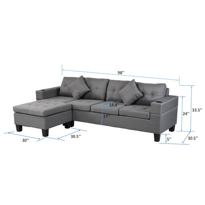 Modern Sectional Sofa Set With L Shape Chaise Lounge, Cup Holder, 4 Seat - Gray