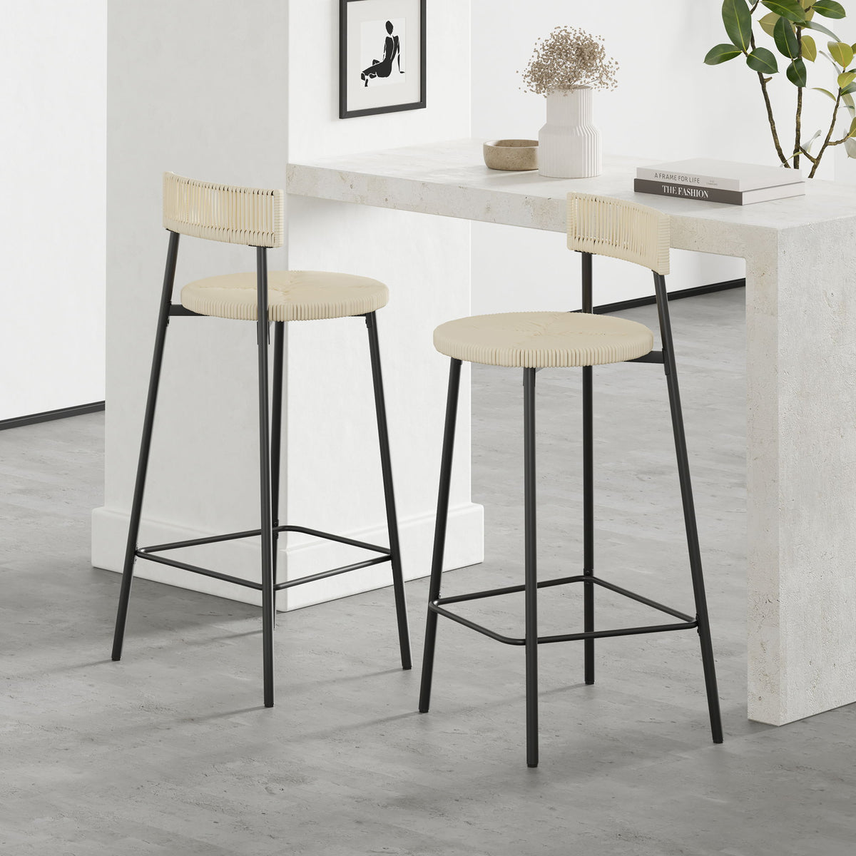 Boho Style Handwoven Paper Rope Counter Stools (Set of 2)
