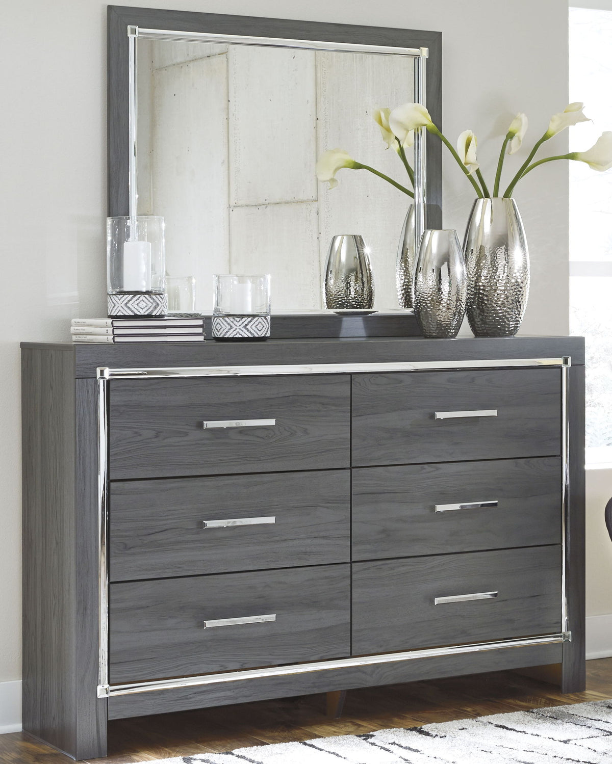 Lodanna - 5 Pc. - Dresser, Mirror, Chest, King Upholstered Panel Headboard with Bolt on Bed Frame, Nightstand - Gray