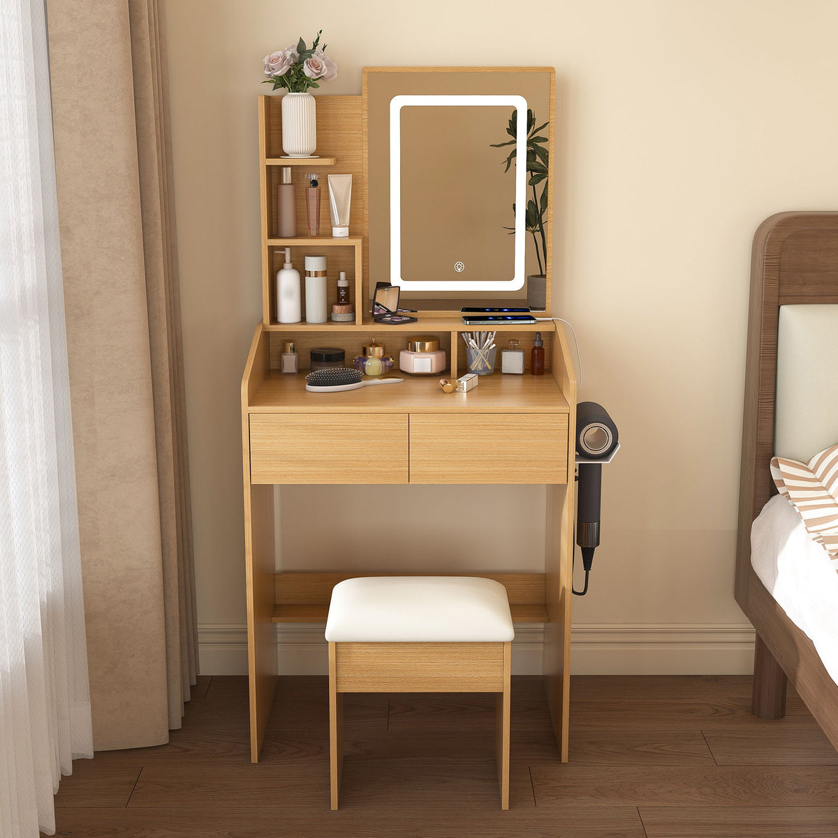 Vanity Table With LED Mirror, Power Outlet, Hairdryer Holder & Padded Stool, Compact Dressing Desk For Small Bedrooms - Wood