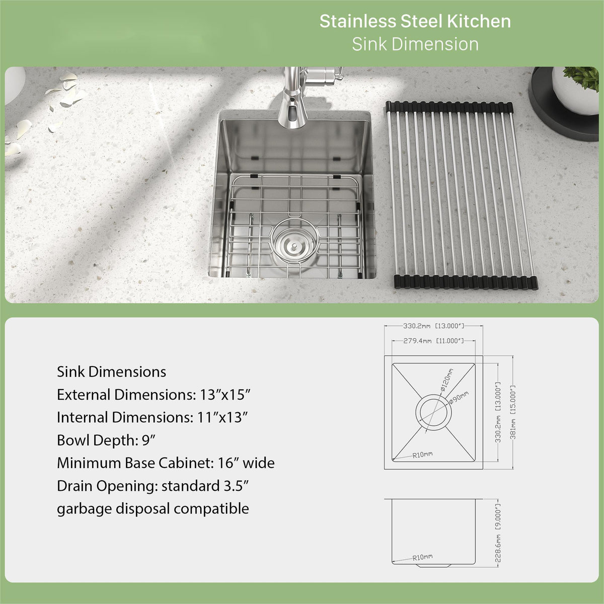 13" Undermount Kitchen Sink 16 Gauge Single Bowl - Brushed Nickel