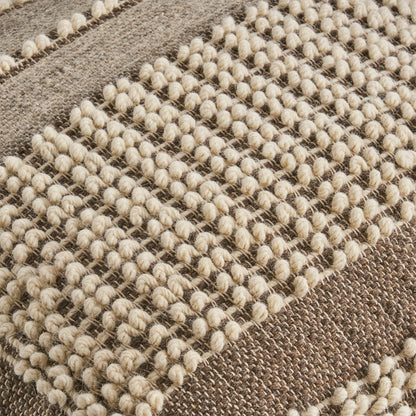 Rustic Wool And Cotton Large Pouf, Handcrafted Tufted Design - Brown / Beige