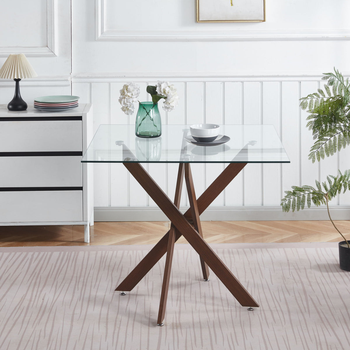 Dining Table With Cross Metal Leg And Tempered Glass, Modern Space Saving Kitchen Table For Living Room Legs, Square Table