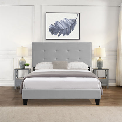Queen Size Upholstered Platform Bed Frame With Pull Point Tufted Headboard, Strong Slat Support, Mattress Foundation, No Box Spring Needed - Gray