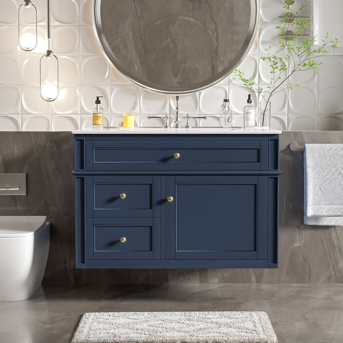 Wall Mounted Bathroom Vanity With 2 Drawers, 1 Tip Out Drawer, 3 Holes Sink