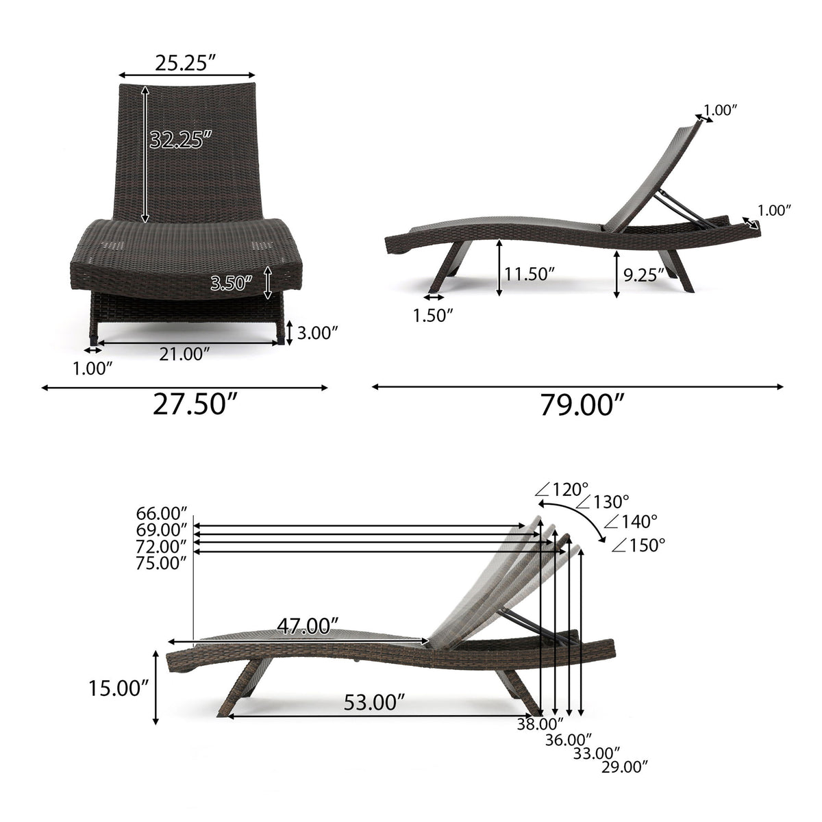 Mysticism Outdoor Chaise Lounge With Adjustable Backrest And Foldable Legs - Brown Multi