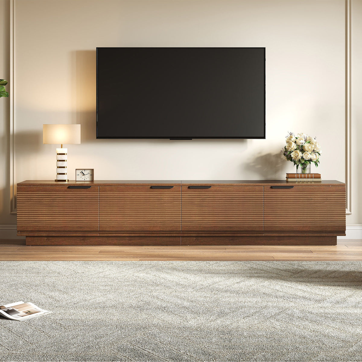 TV Stand, Entertainment Center With Fluted Door & Cable Management, Soft Closing Hinges - Walnut