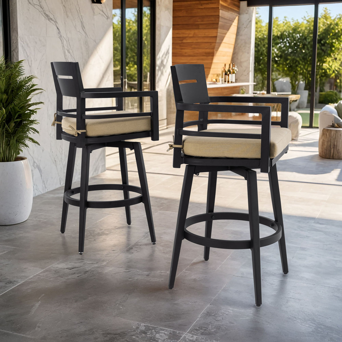 Outdoor Swivel Bar Chairs, 360 Degree Rotation, Ergonomic Backrest (Set of 2)