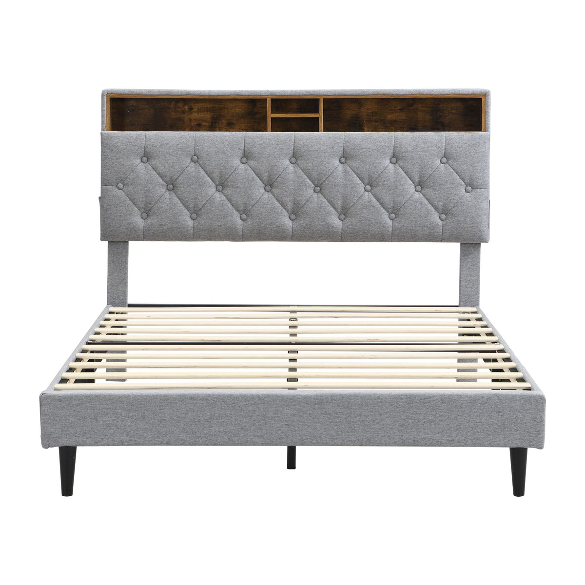 Modern Upholstered Platform Bed Frame With Button Tufted Headboard And USB Ports