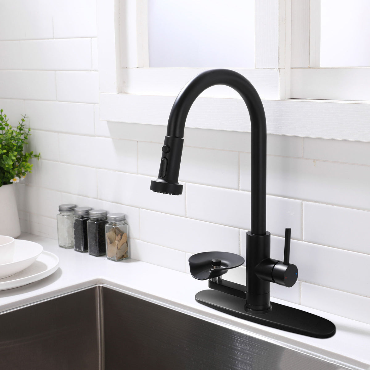 3 In 1 Kitchen Faucet With Press Type Glass Rinser, High Arc Pull Down Sprayer