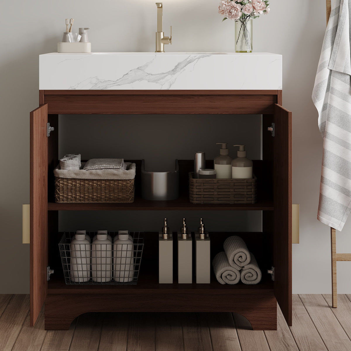 Freestanding Bathroom Vanity With Sink - Walnut / White