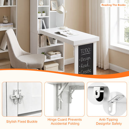 Folding Desk With Storage, Foldable Convertible Writing Table With Blackboard And Shelves For Home Office
