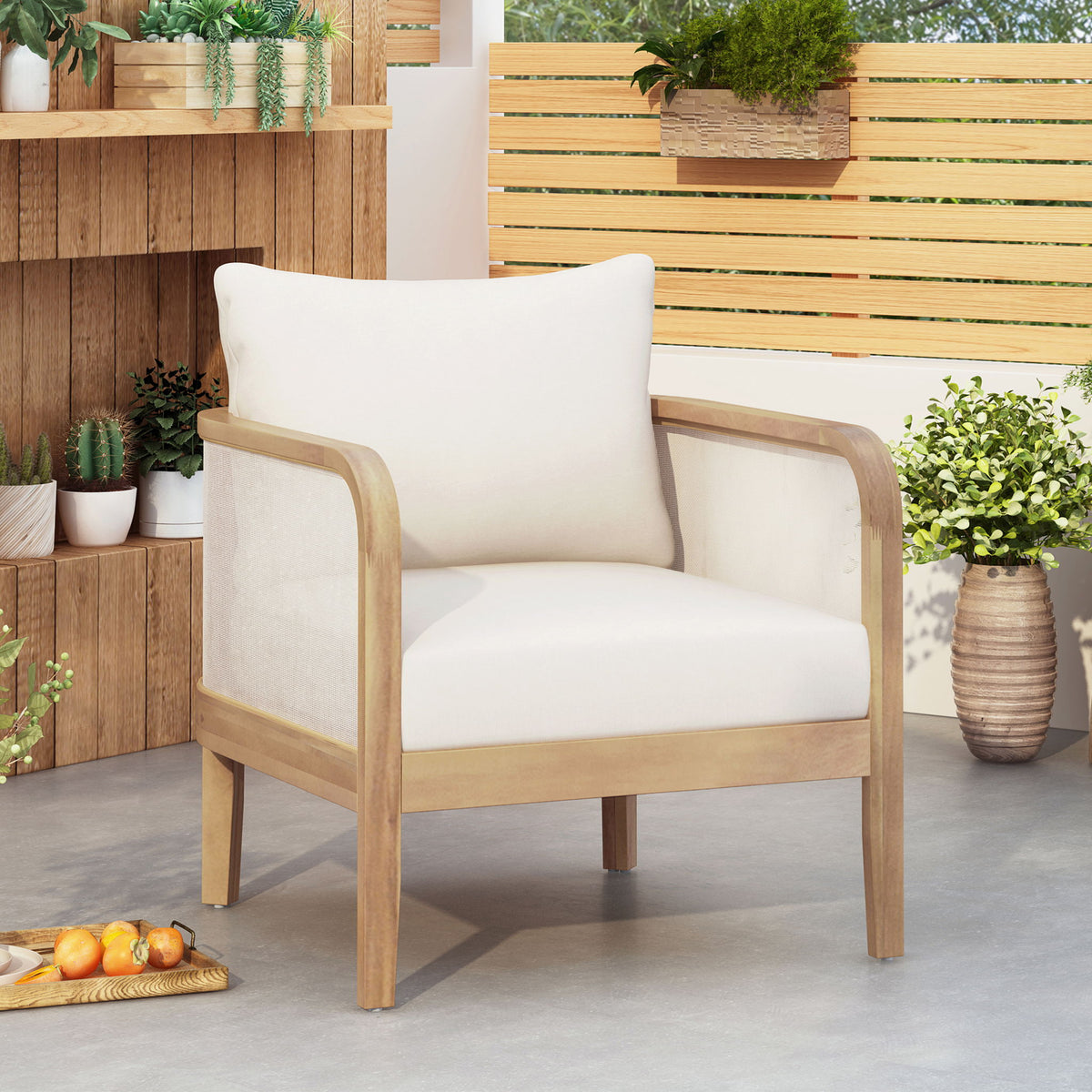 Outdoor Acacia Wood Patio Club Chair, Textilene Patio Furniture, Waterproof Thick Cushion Deep Seating For Porch, Garden, Backyard, Balcony, Weight Capacity 400Lbs, Light Teak - Beige