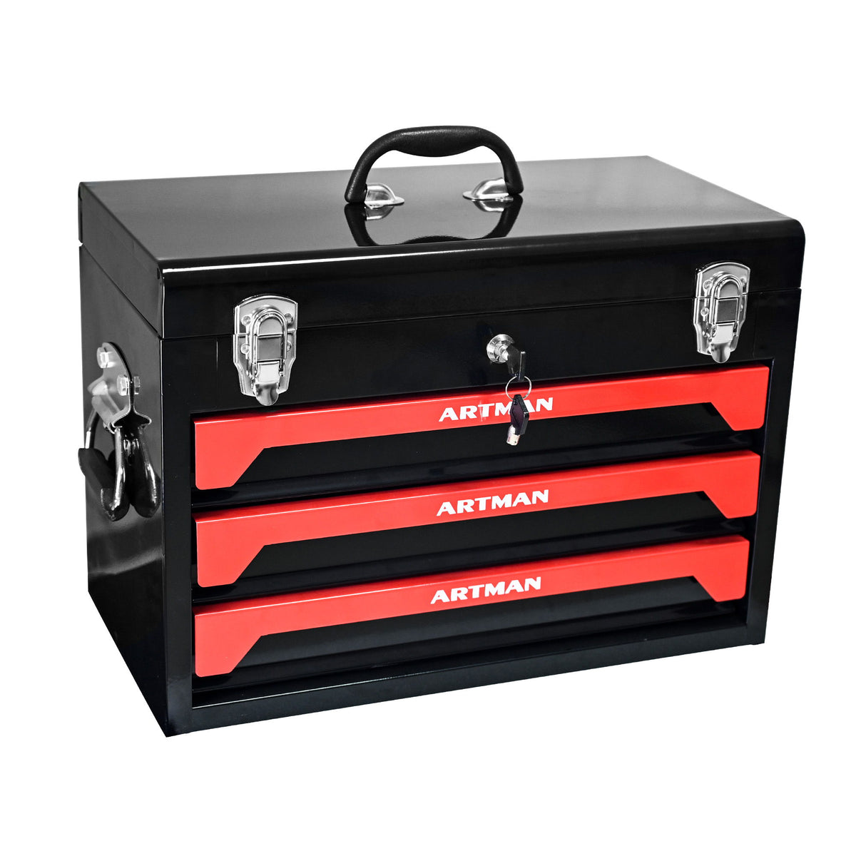 Portable 20" Steel Tool Box With 3 Drawers And Metal Latch Closure - Black / Red