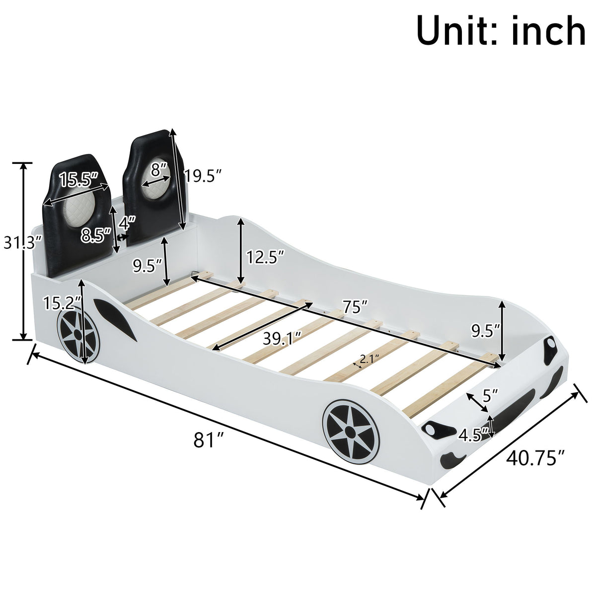 Race Car Shaped Platform Bed With LED And Upholstered Backrest In