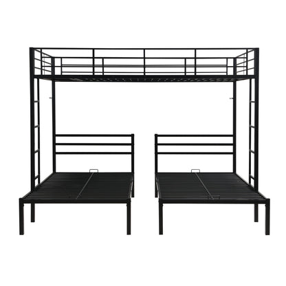 Modern Metal Triple Bunk Bed With Vertical Ladder, Safety Rail, And Storage Shelf - Black