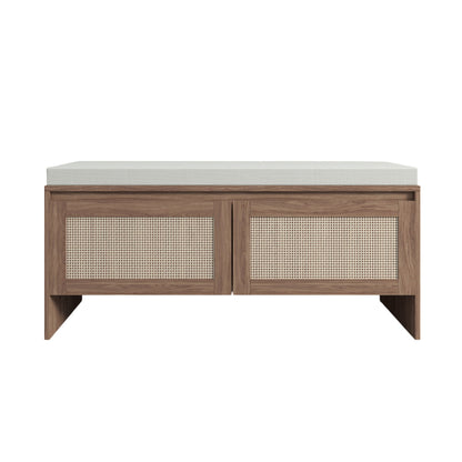 Storage Bench With Cushion, Shoe Cabinet With 2 Doors - Antique Natural / Rattan