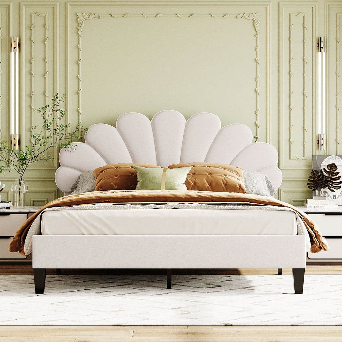 Upholstered Platform Bed With Flower Pattern Headboard
