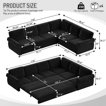 L-Shaped Sofa Couch With Pull Out Bed With Nailhead Trim & Rolled Arm